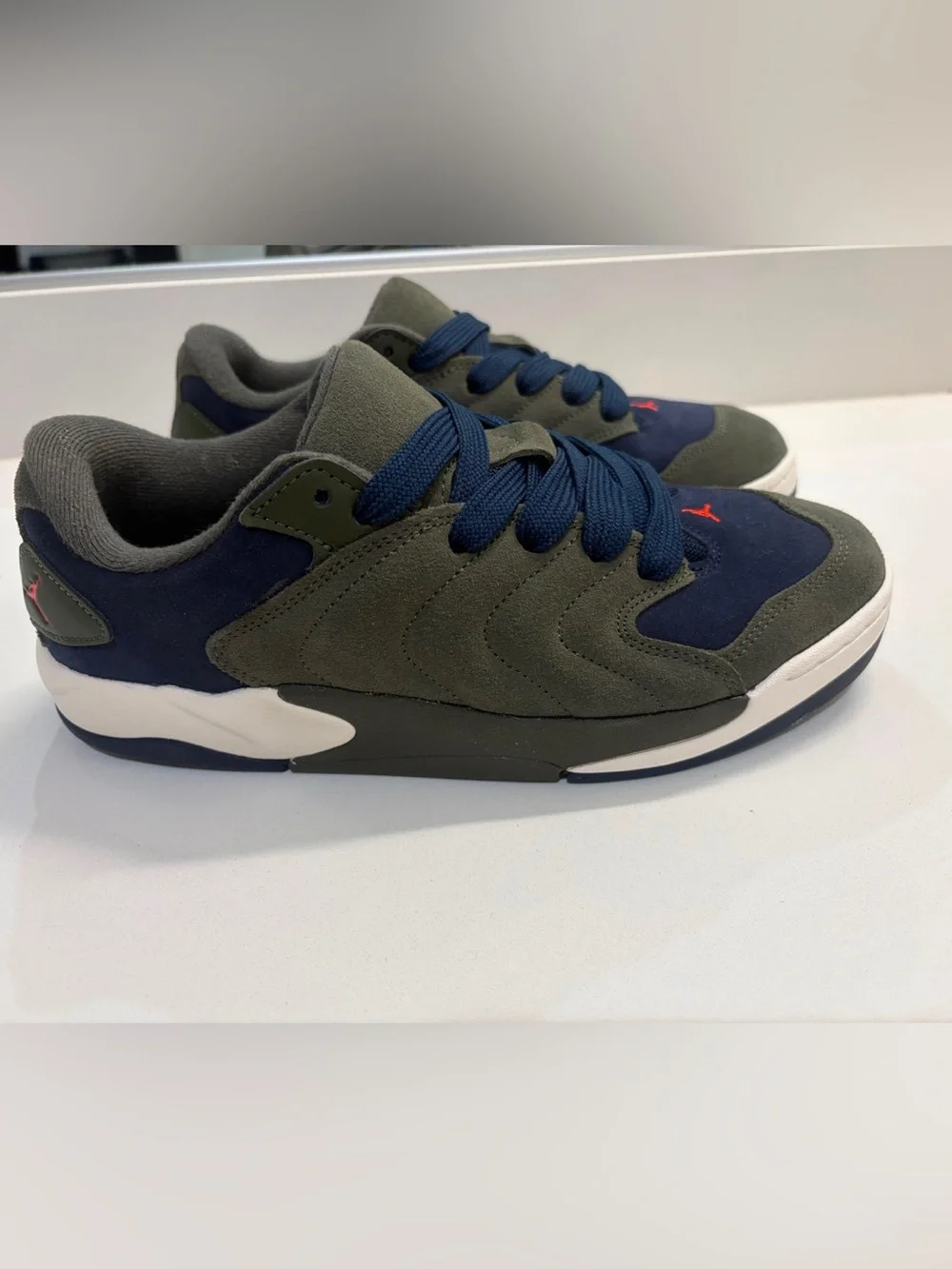 Jordan Low Top Sneakers in Olive Green & Navy with Red Jumpman